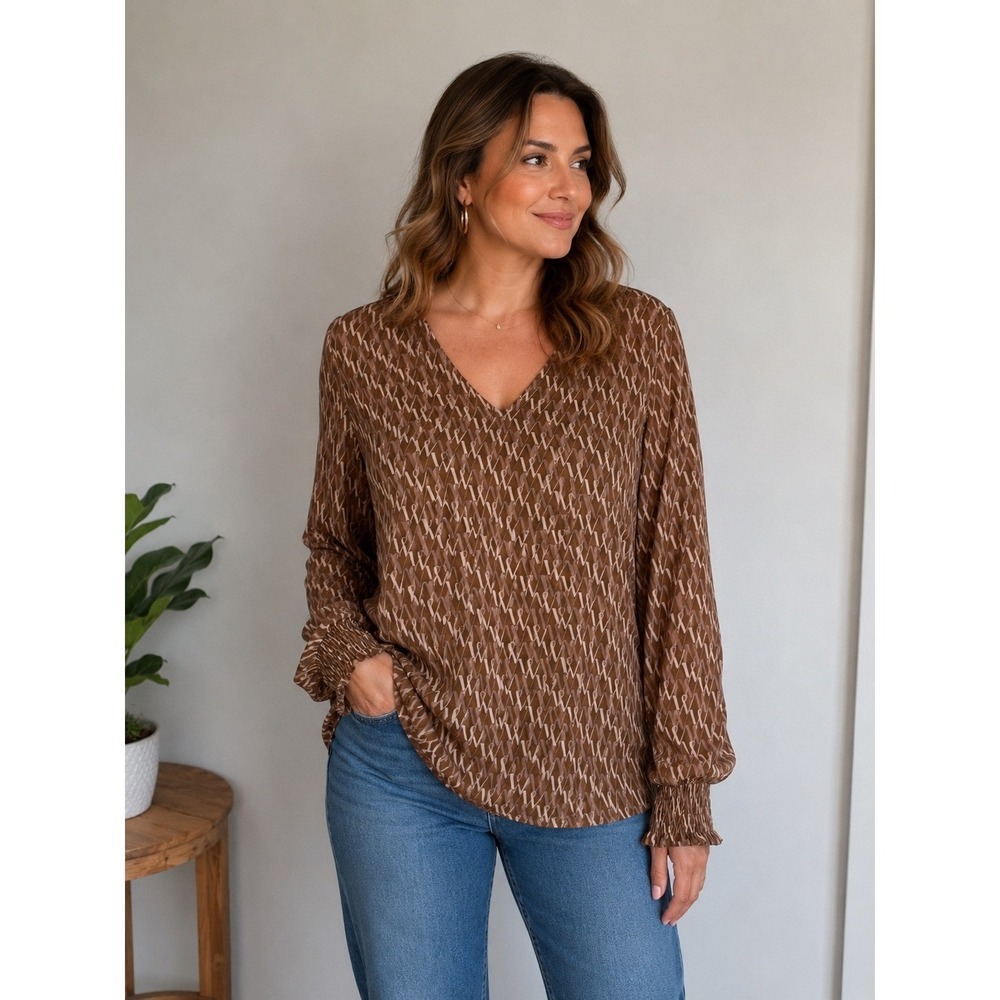 Worthington Womens XL Brown Geometric Monogram V-Neck Smocked Cuff Blouse Top